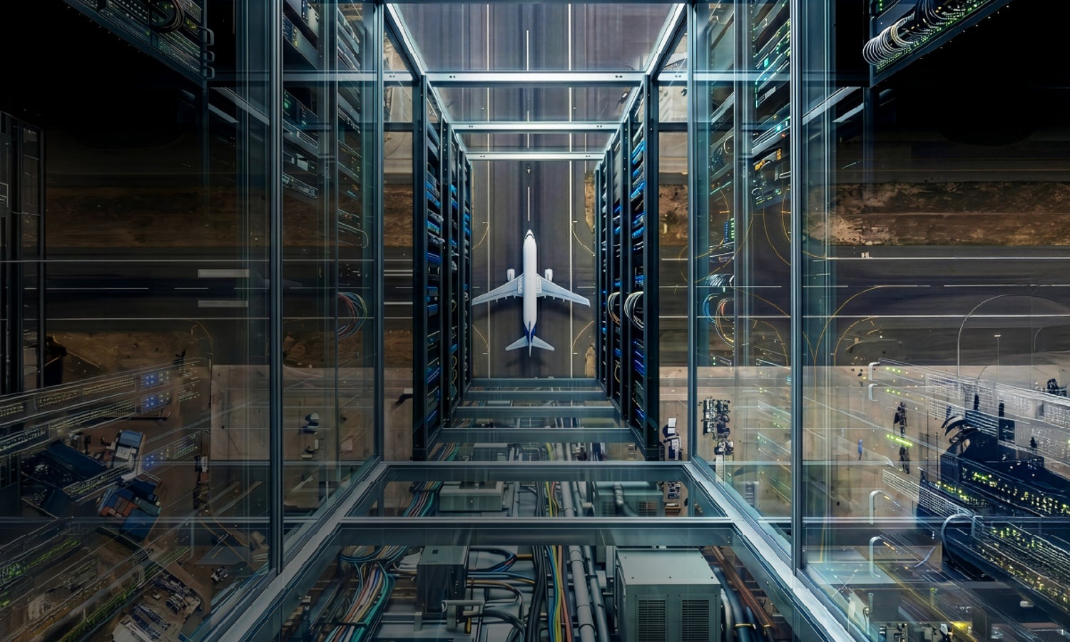Modern data center corridor with server racks and digital infrastructure.