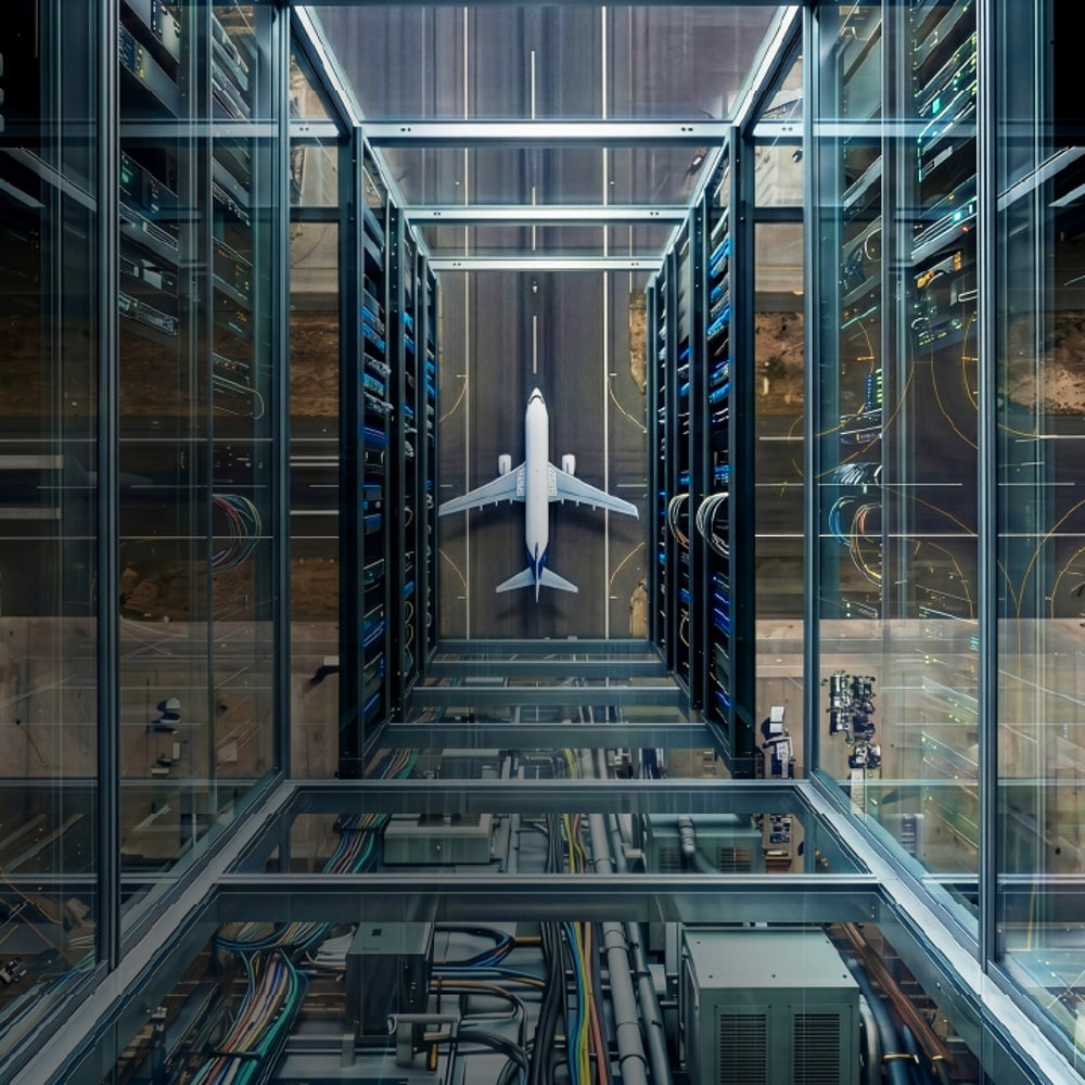 Airplane viewed between server racks in a data center