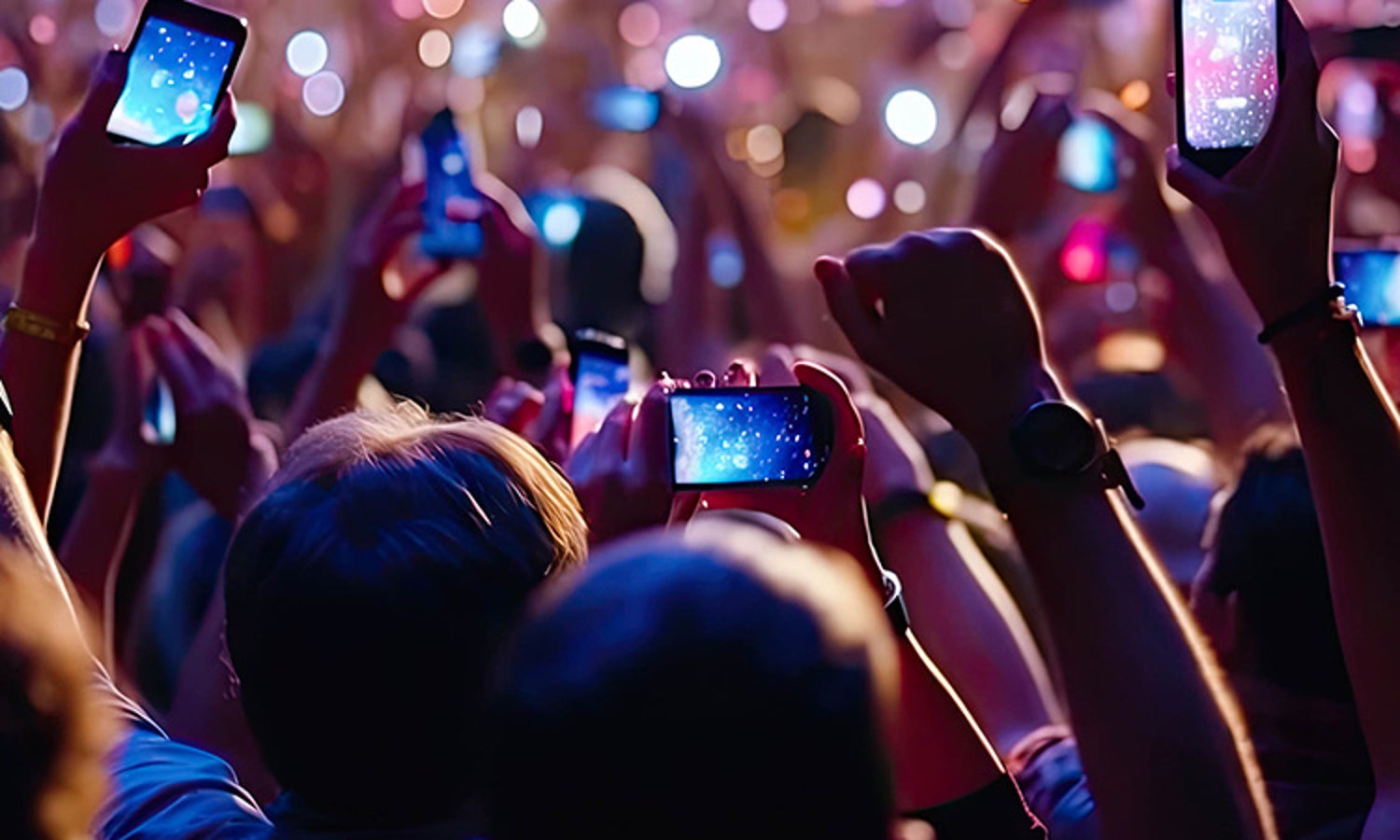 Vibrant atmosphere at a concert or evening event as enthusiastic audience members raise their mobile phones high, recording and documenting the exhilarating performance. illustration created by Generative AI