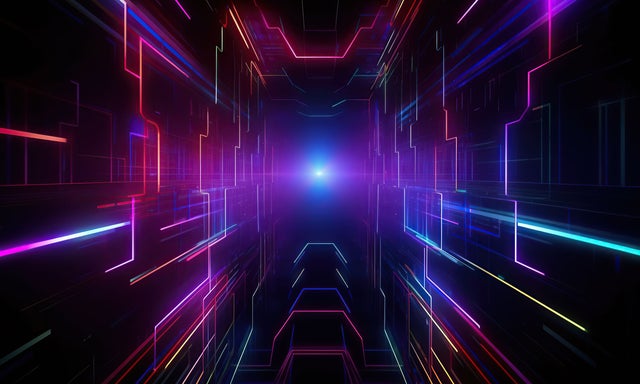 白い光の点へと向かっている多色のデジタル線と前景に広がるブロック群