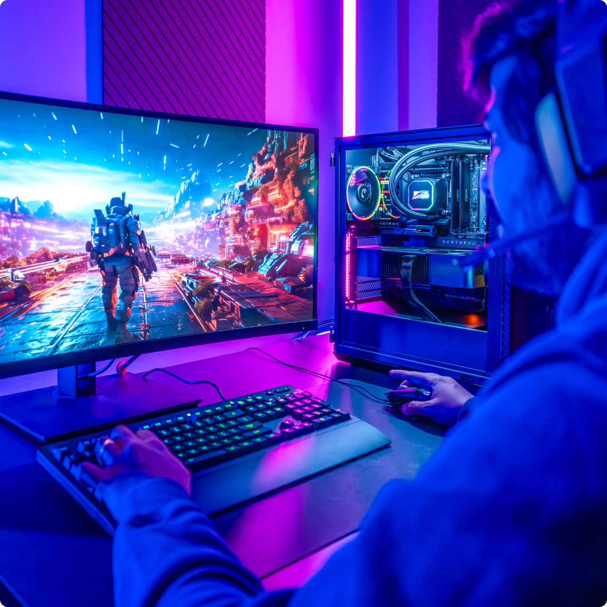 Close shot of two white Crucial Pro DDR5-6400 modules on a glass top desk next to a woman's hand using a keyboard.