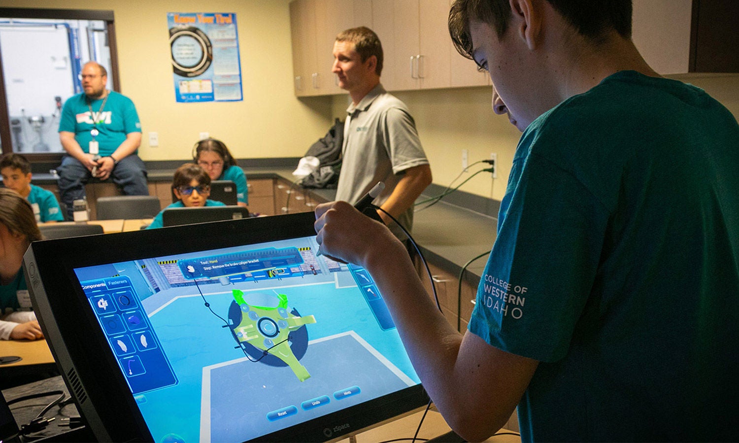 Student using interactive STEM learning technology in a classroom setting.