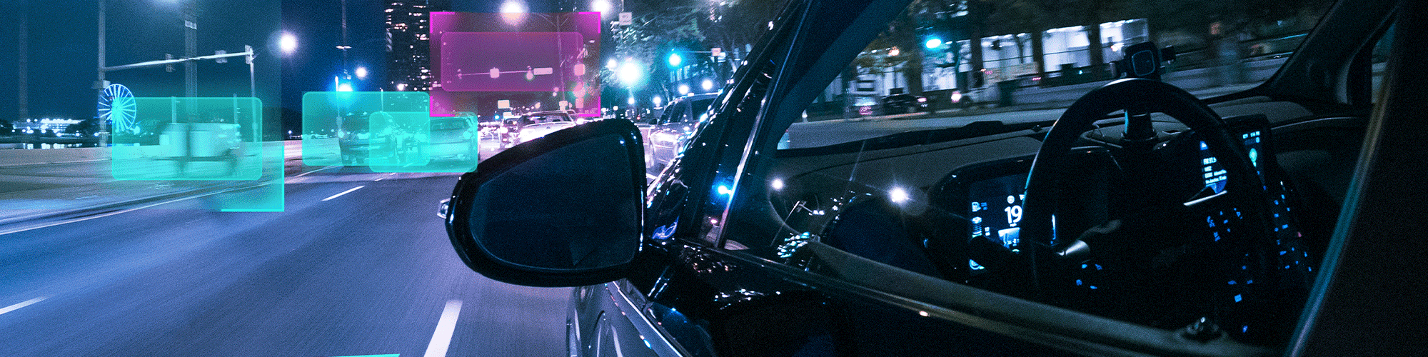 banner image of a technology assisted car driving on a street