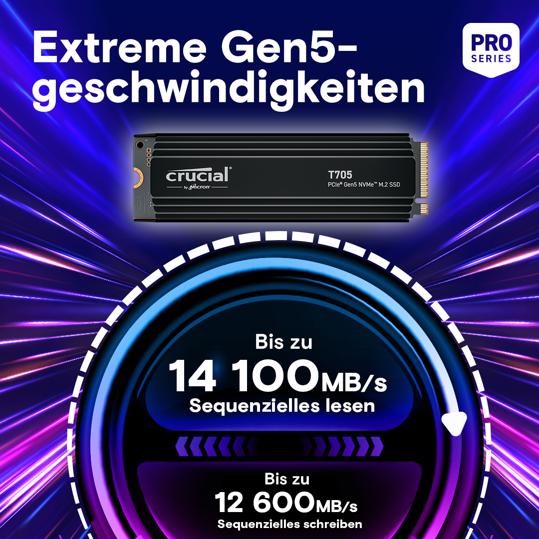 Crucial T705 4TB PCIe Gen5 NVMe M.2 SSD mit Kühlkörper