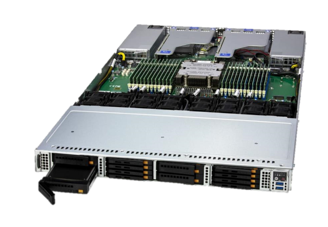 Supermicro 1U Petascale 儲存伺服器，配備 8 個 E3.S NVMe PCIe Gen 5 SSD 硬碟抽取槽和 4 個 CXL E3.S 硬碟抽取槽，AMD EPYCwatch 9004 處理器。（型號 ASG-1115S-NE3X12R）。
