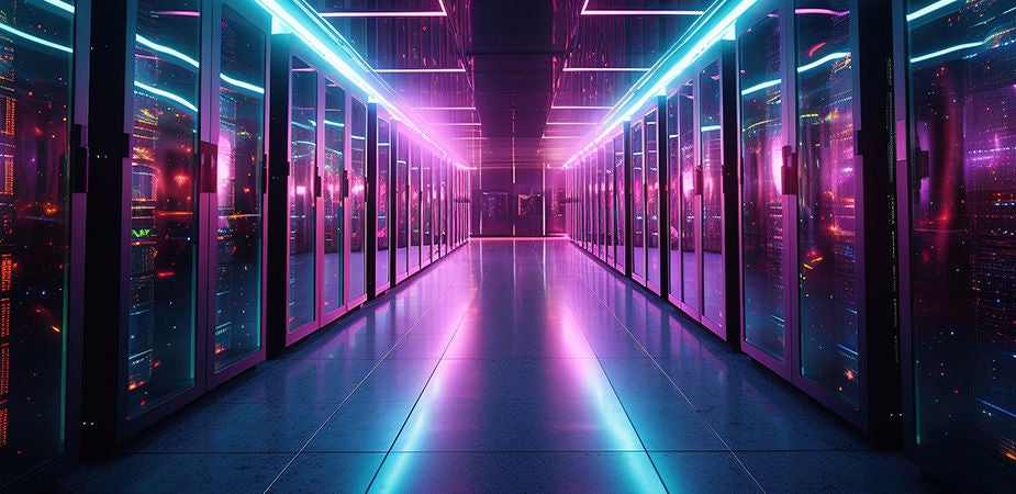 Neon-lit data center server corridor