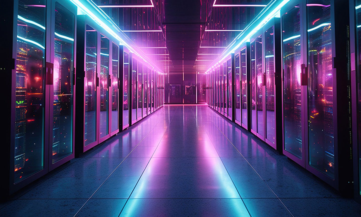 Neon-lit data center server corridor