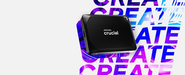 Crucial X10 Pro portable SSD, displayed against a vibrant background featuring the repeated word 'CREATE' in bold gradient colors of purple, pink, and blue.