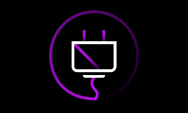 Animated electrical plug outlined in purple and white bouncing up and down