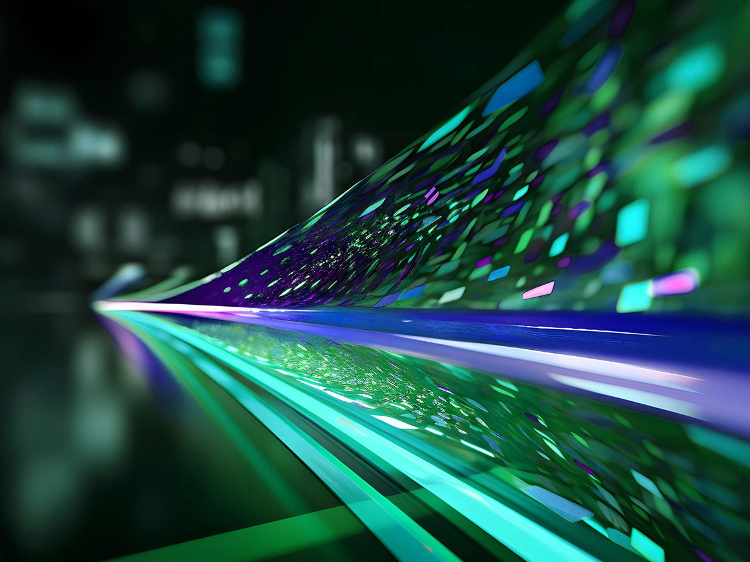 An AI representation of data flow using green, teal, purple, and pink lights flowing right to left