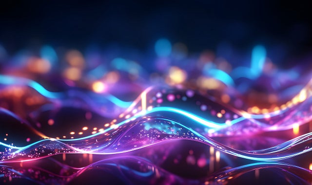 Abstract neon waves with glowing lines and bokeh lights in blue and purple tones
