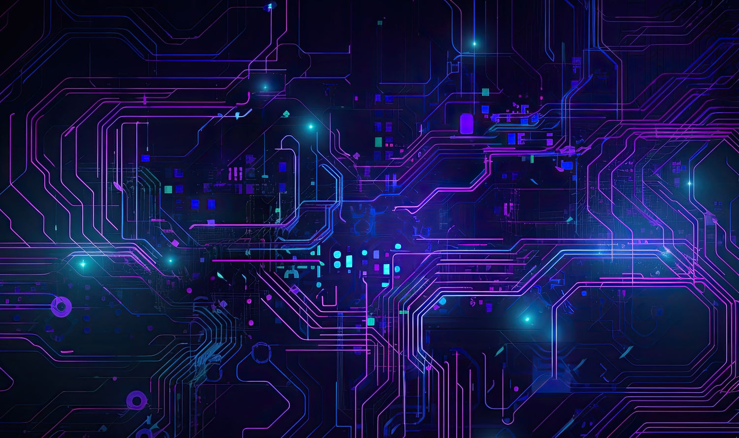 Digital representation of complex circuitry in neon blue, purple, and teal