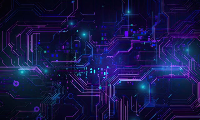 Digital representation of a circuitry in teal, blue, and purple against a black background