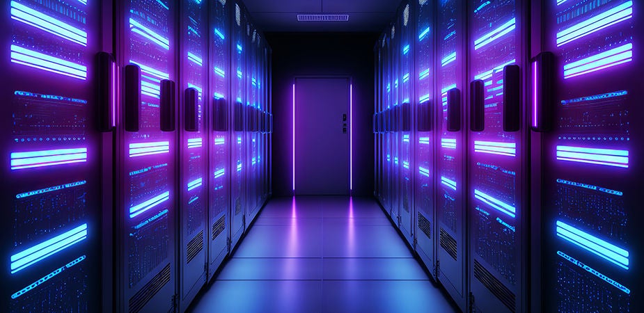 row of lit-up server banks in a dark data center 
