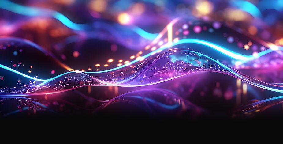 Abstract neon waves with glowing lines and bokeh lights in blue and purple tones