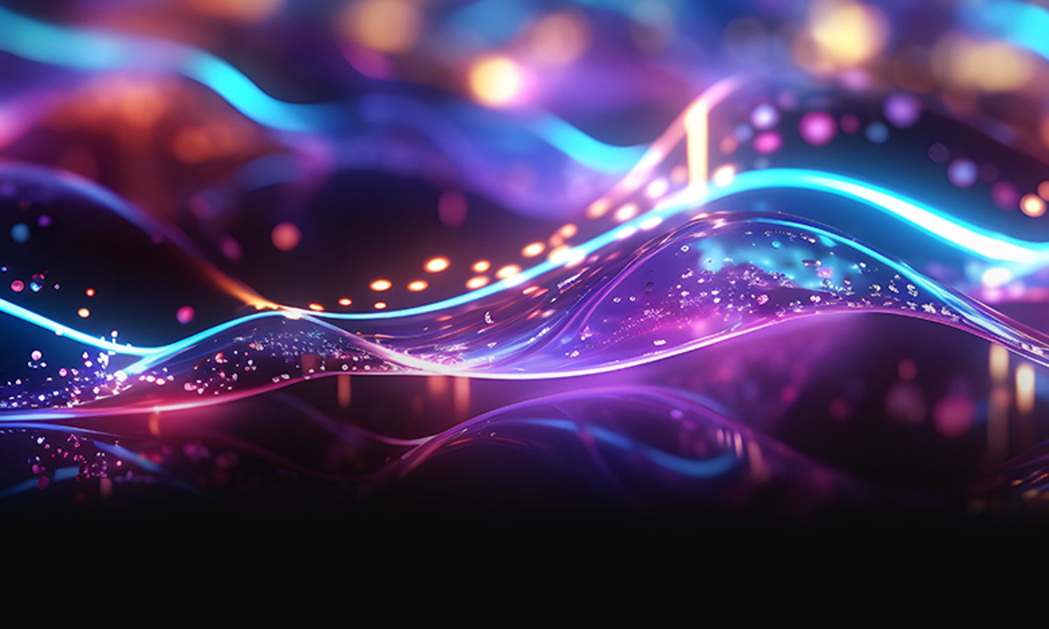 Abstract neon waves with glowing lines and bokeh lights in blue and purple tones