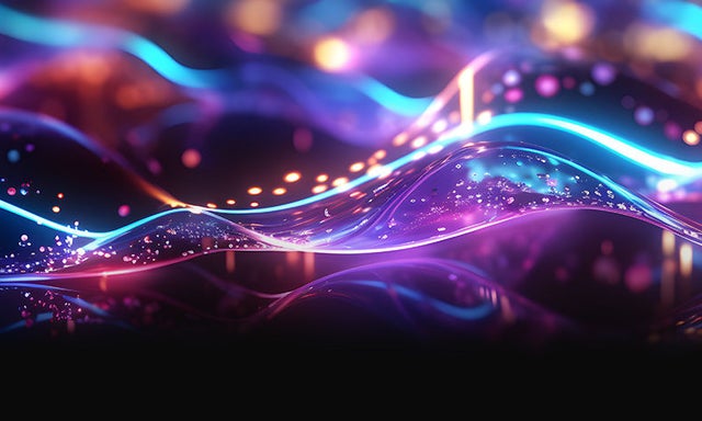 Abstract neon waves with glowing lines and bokeh lights in blue and purple tones
