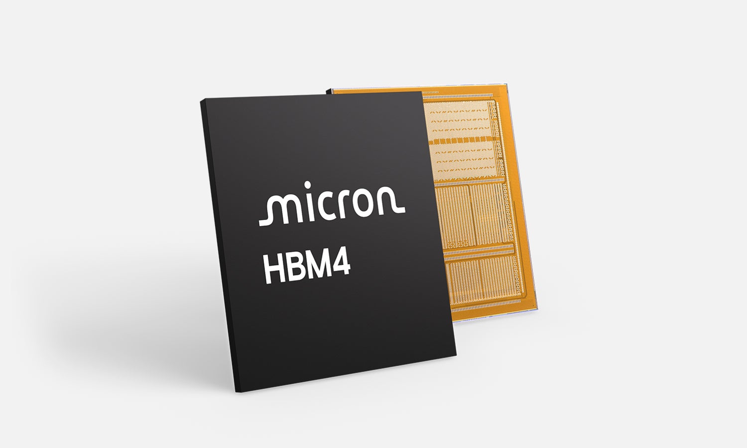Micron HBM4 memory chip with exposed circuitry on light gray background​