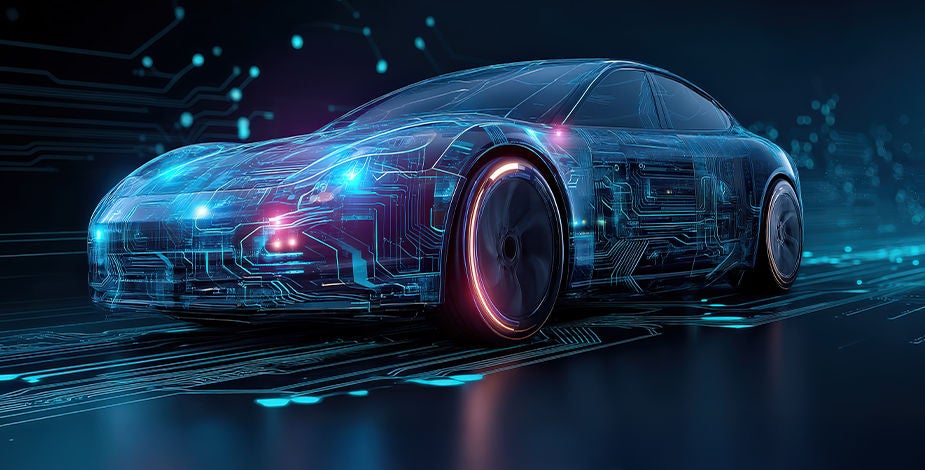 A glowing teal, blue, and purple image of a sports car with pink highlights on a black background
