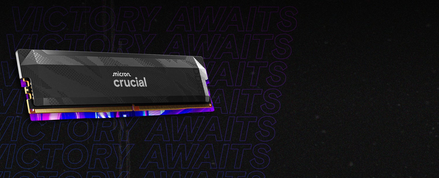 Crucial DDR5 memory module displayed against a dark background with repeated text “VICTORY AWAITS” in bold purple lettering CTA:  Shop DDR5 Pro OC CL32