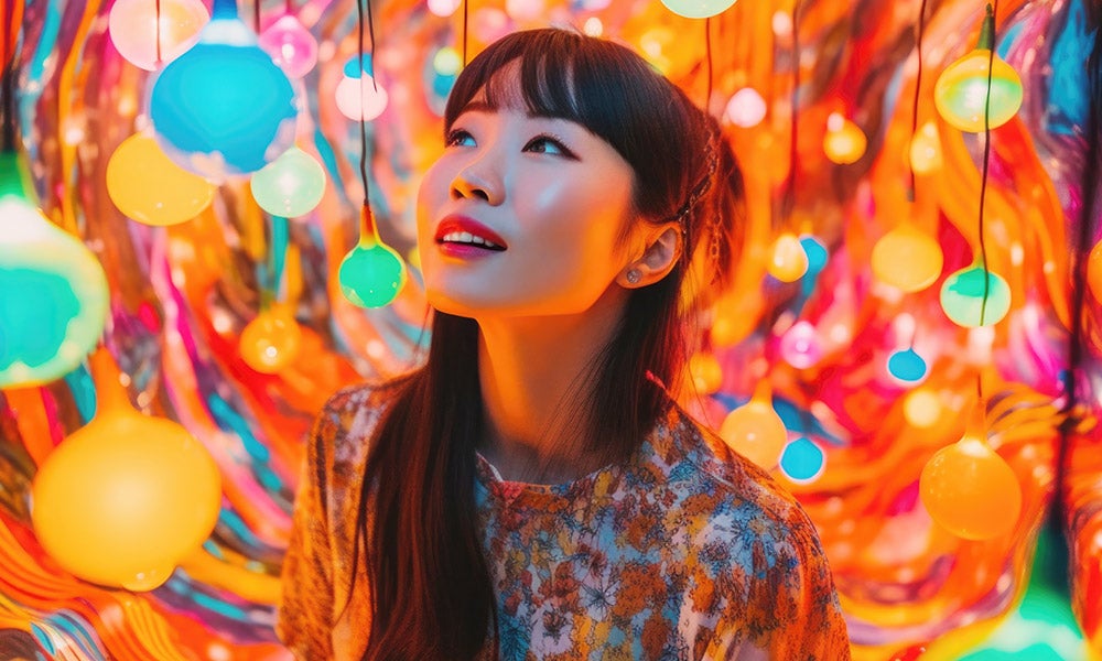 Women standing among colorful hanging lights in a vibrant indoor display.