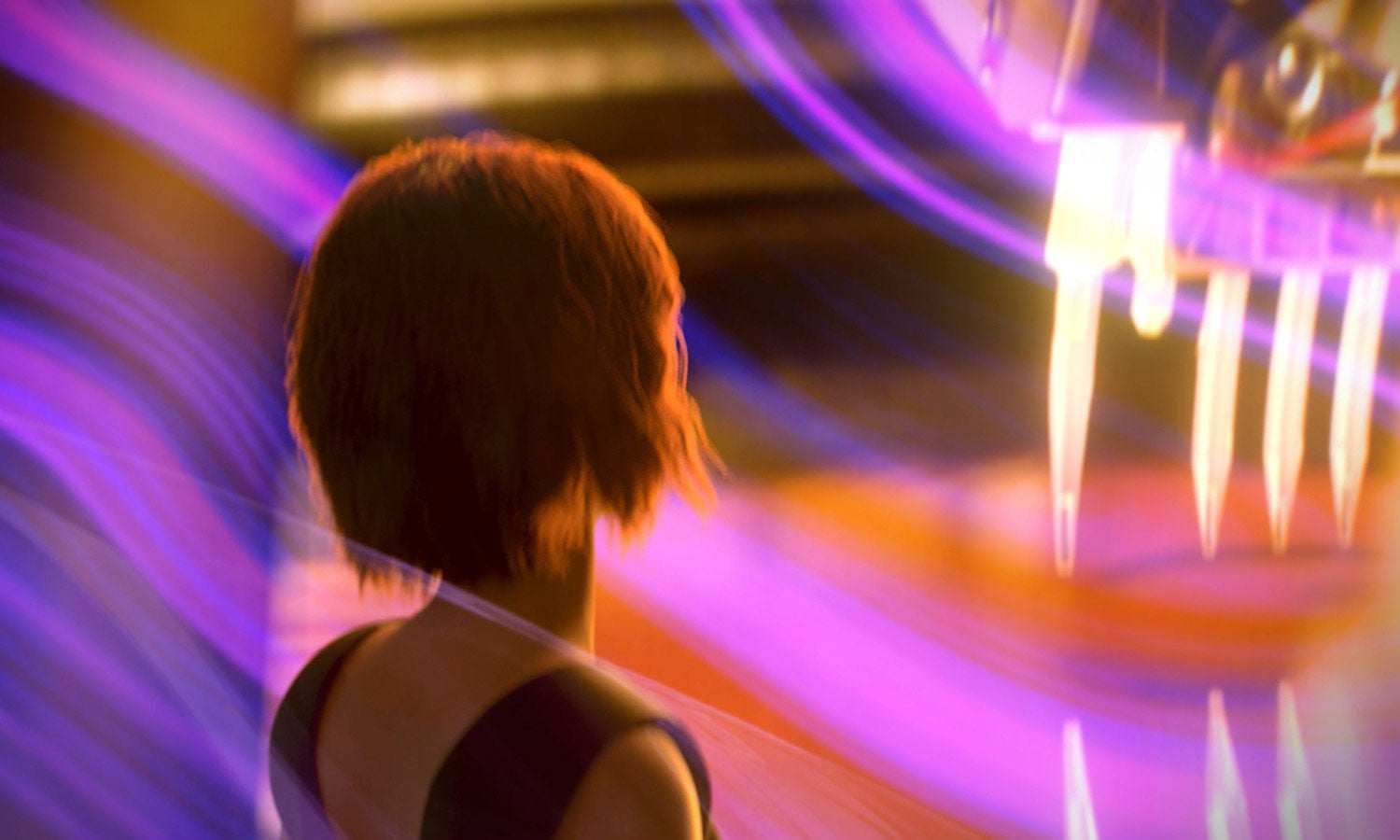 A video still of a person looking out into a space filled with orange, pink, purple, and white neon lighting