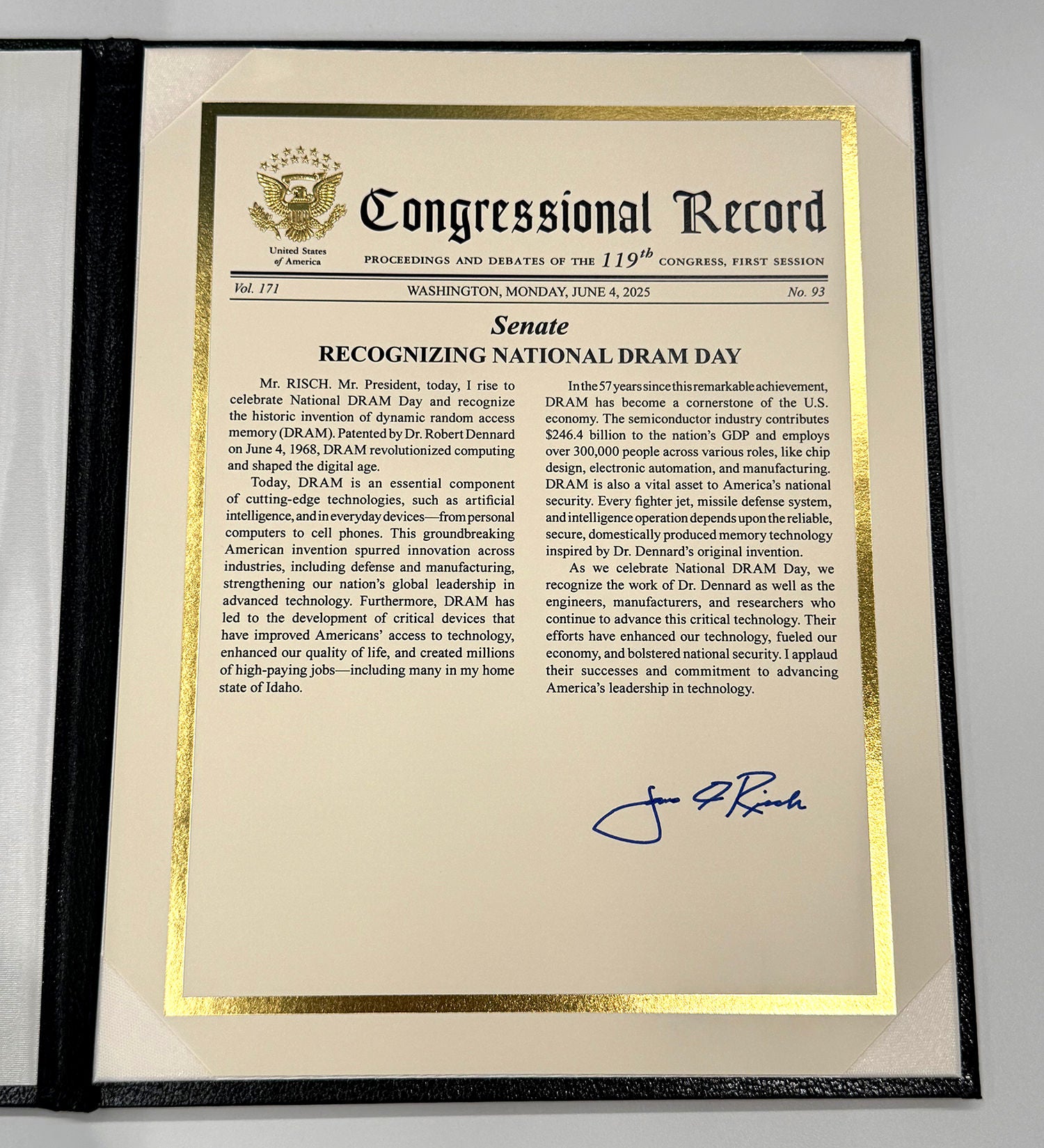 Official congressional document, celebrating national DRAM day, framed in gold,