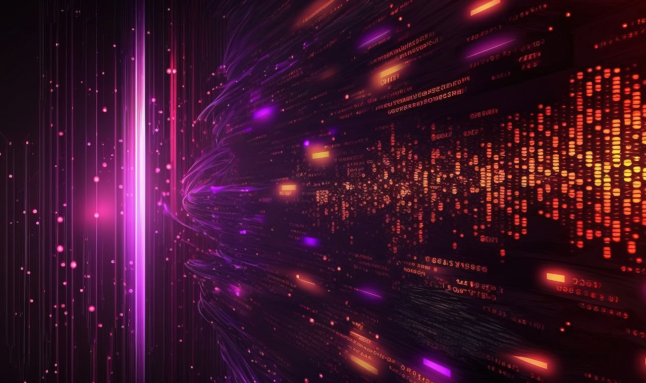 Abstract digital visualization of data streams and artificial intelligence technology.