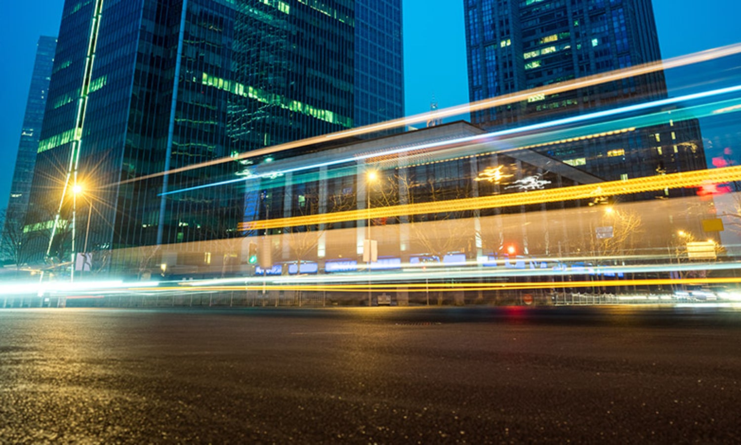 Motion blur of city traffic at night representing high-speed data processing