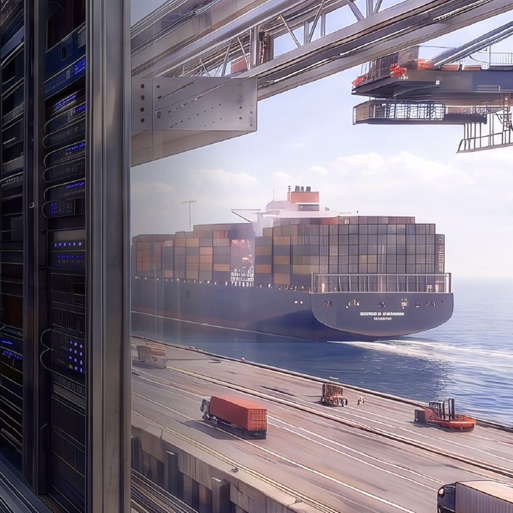 Container cargo ship beside a data center server rack