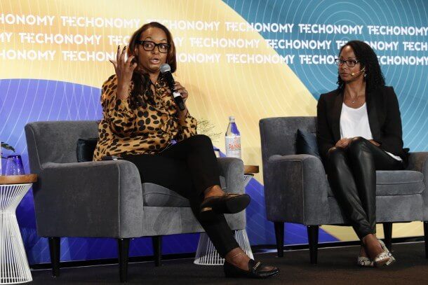 Sharawn Connors, VP of Diversity, Equality and Inclusion (left) onstage at Techonomy 19 speaking about the importance of diversity in the workplace.