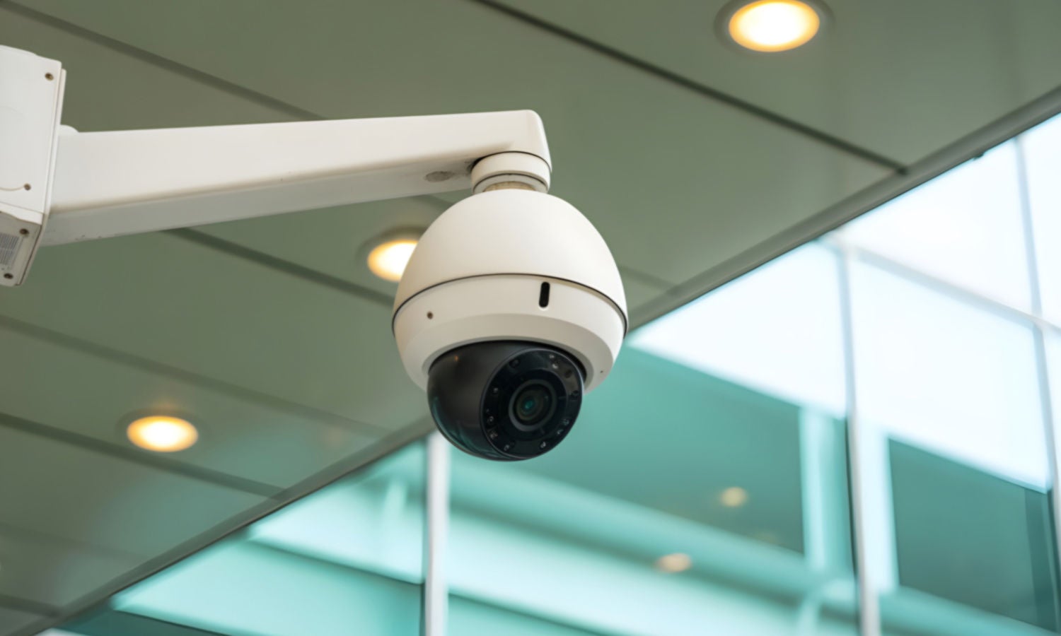 A white video security camera.