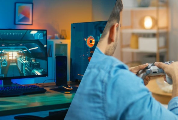 Geteiltes Bild von Gamer und Spiel auf dem Bildschirm