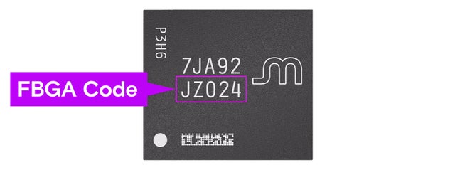 FBGA code highlighted on a Micron FBGA component