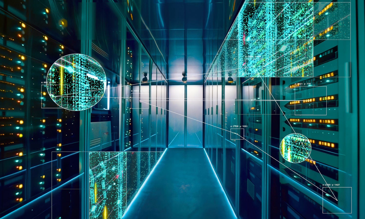Data center hallway with overlay that show data movement in the system
