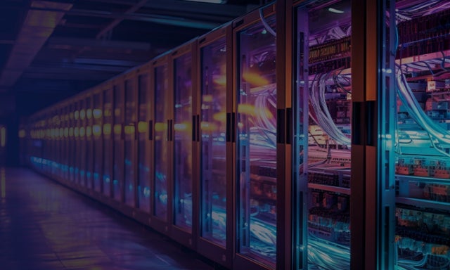 data center with neon pink and blue lights