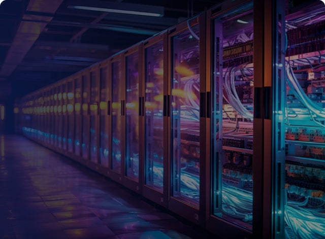 data center with neon pink and blue lights