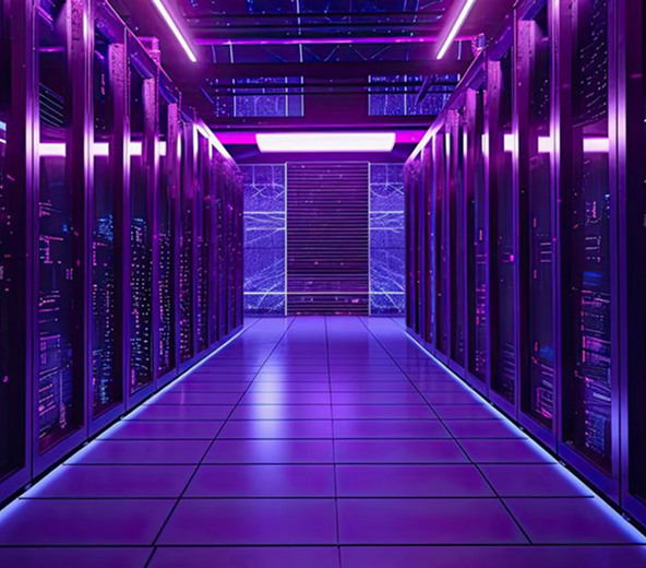 Servers lining a hallway with purple lighting