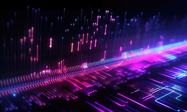 Neon digital data lines flowing across a futuristic grid in pink and blue tones.