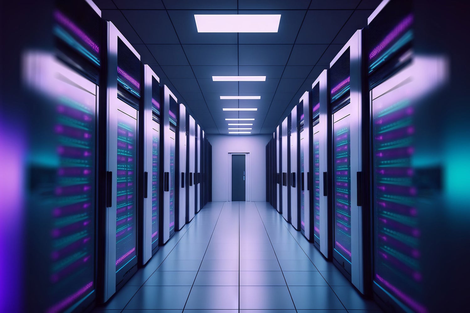 Data center server racks in a technology corridor
