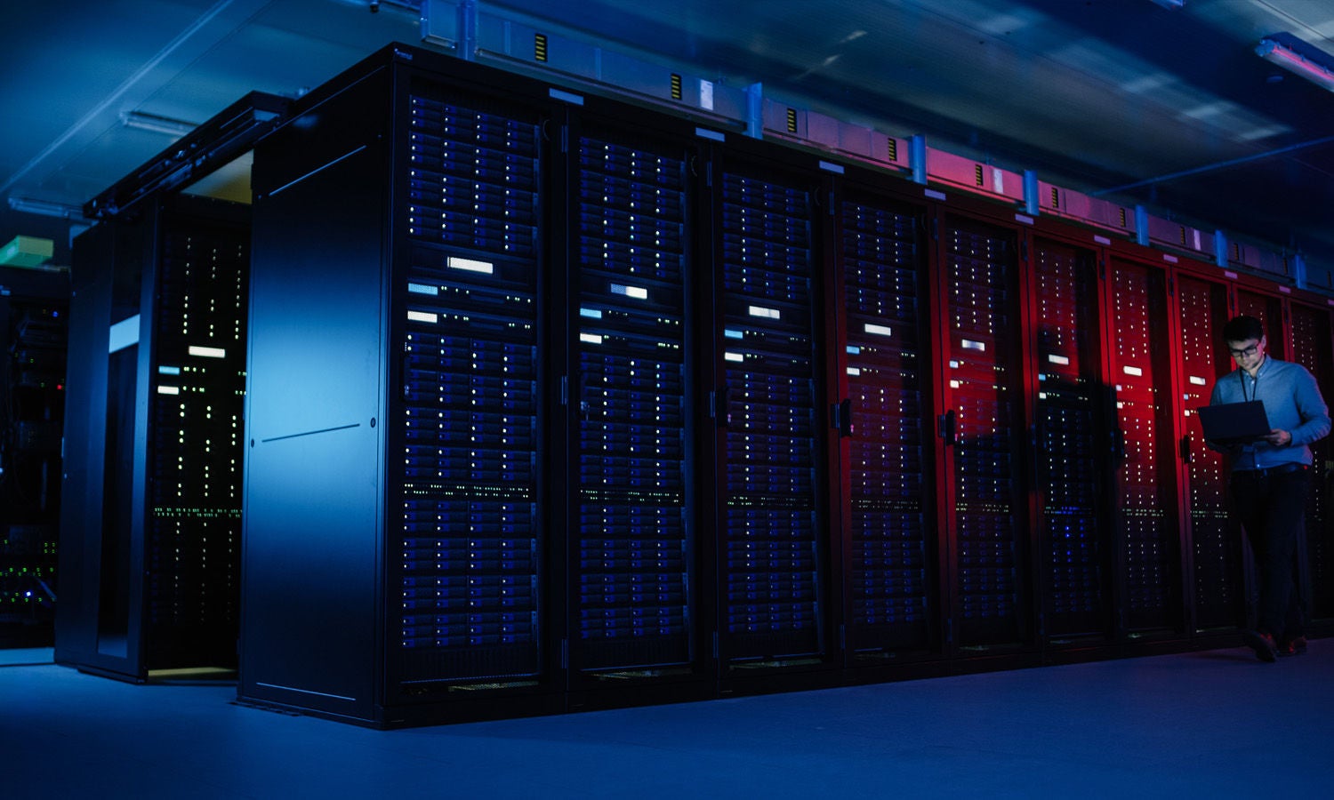 Server room with purple lighting