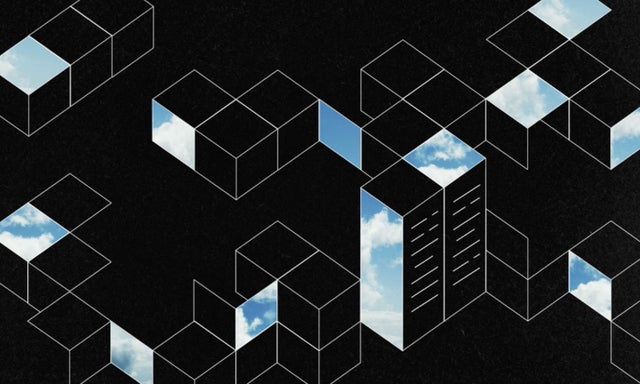 Clouds are shown in the background behind server-shaped boxes.