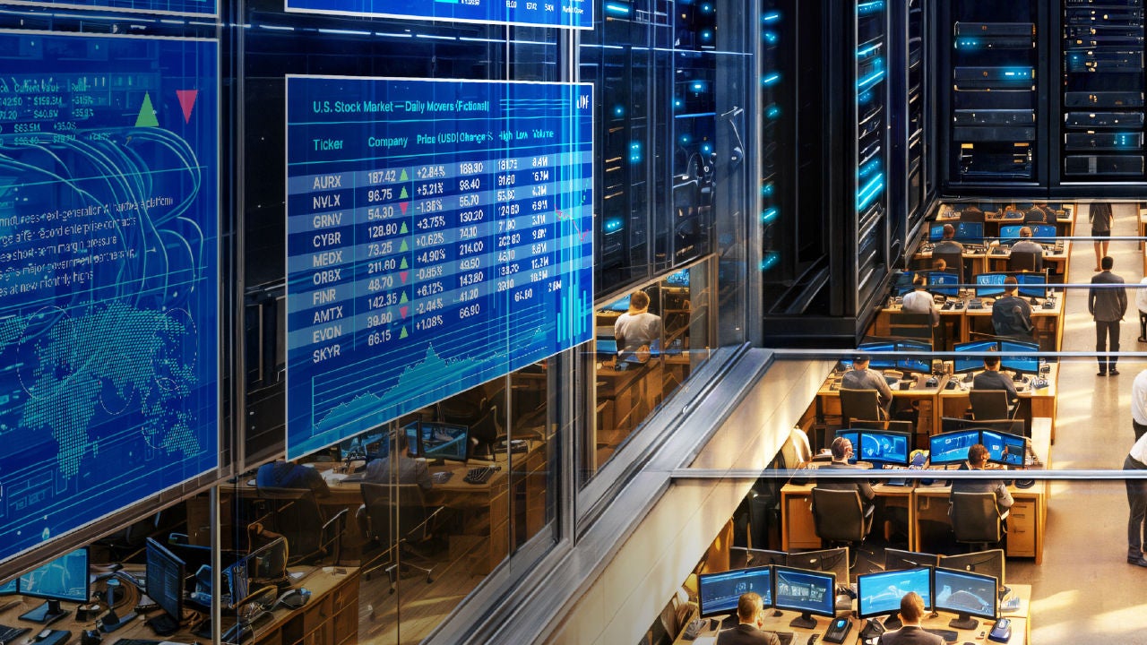 Stock market data displayed on screens inside a data center