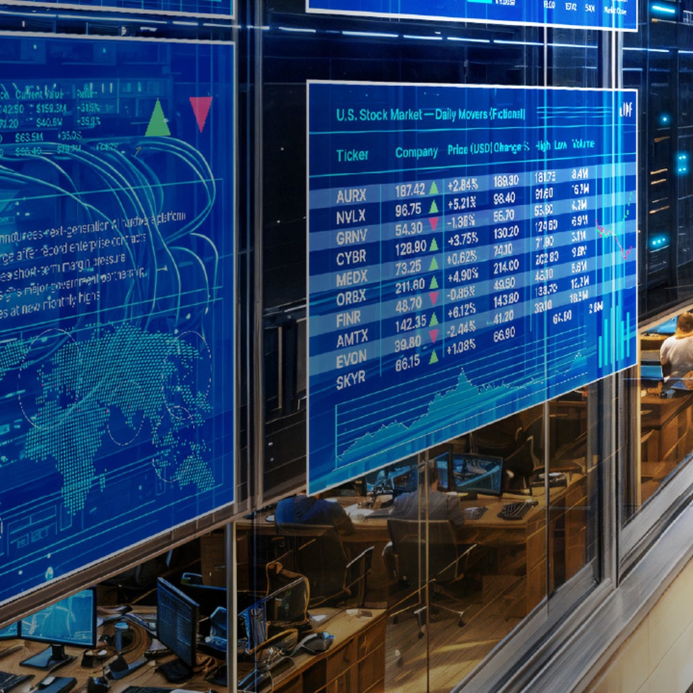 Stock market data displayed on screens inside a data center