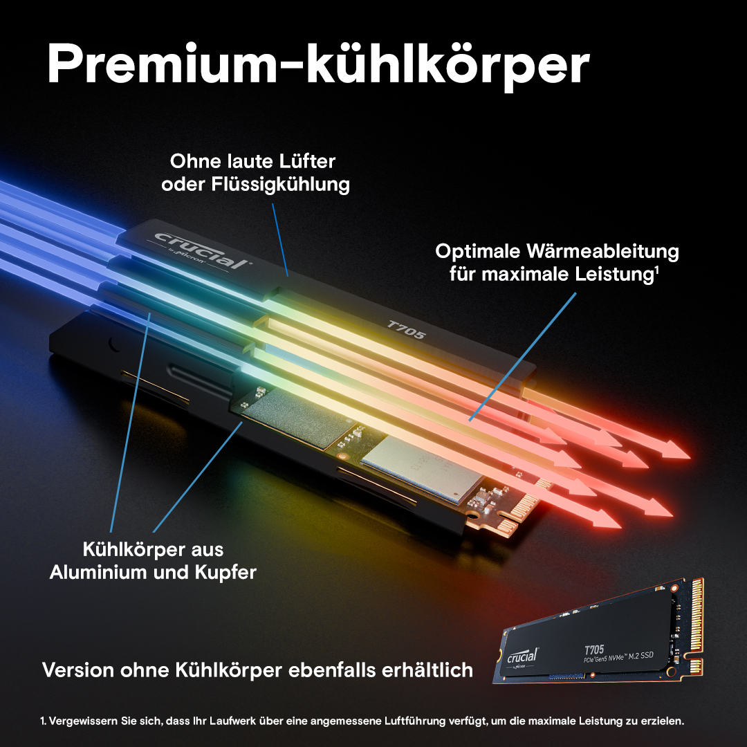 内蔵型SSD Crucial T705 4TB M.2 SSD Crucial T705 4TB PCIe Gen5 NVMe M.2 SSD mit Kühlkörper