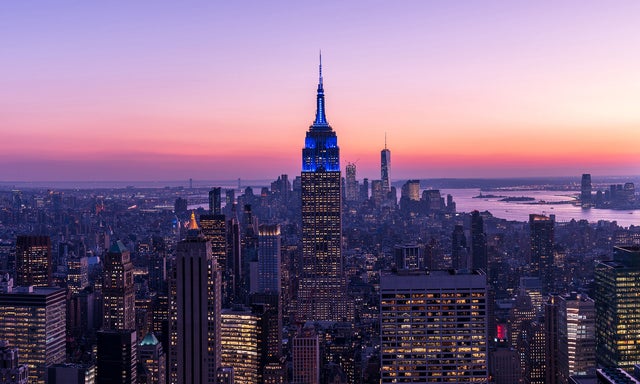 City skyline at dusk