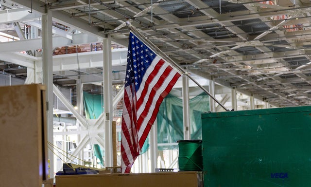 American flag displayed inside a semiconductor manufacturing facility