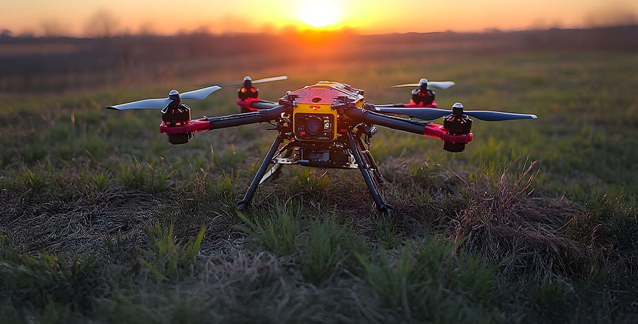 Closeup of a drone with four propellers in a field at sunrise