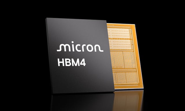 黑色背景下的美光 HBM4 内存芯片（裸露电路设计）