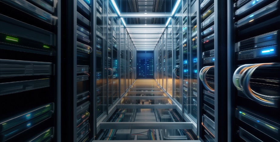 Modern data center aisle with server racks and network infrastructure.